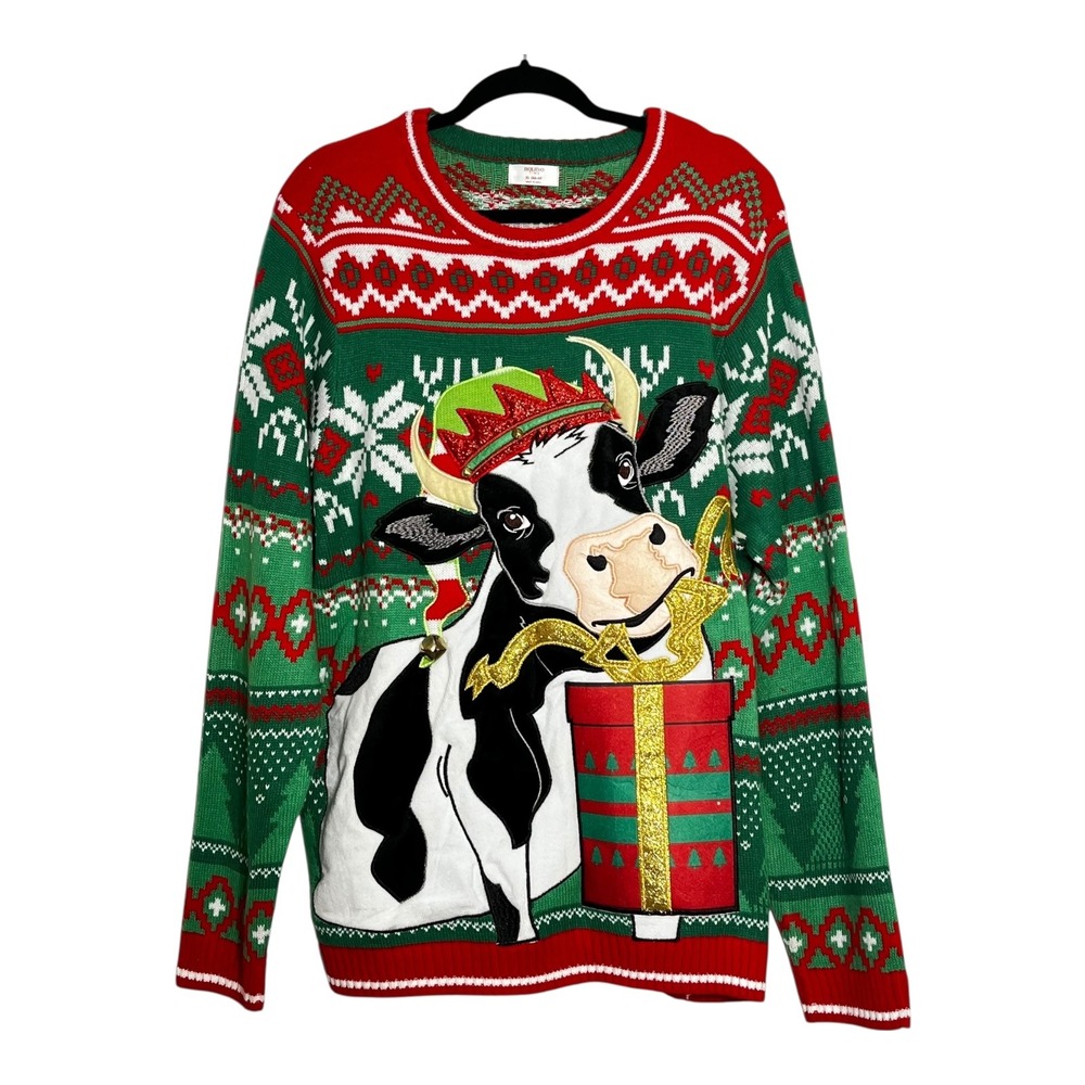 Holiday‎ Time Mens Christmas Cow Sweater Green Red XL 46-48 Ugly Holiday Knit